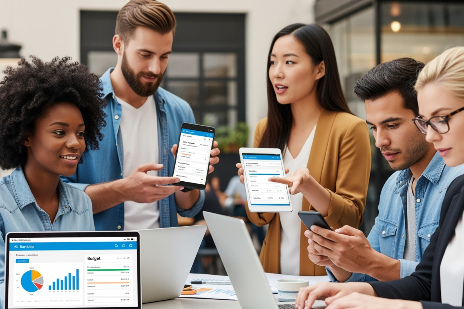 A diverse group of individuals and small business owners interacting with digital banking interfaces on their smartphones and laptops, symbolizing the broad target audience of Coyyn.com - coyyn.com banking