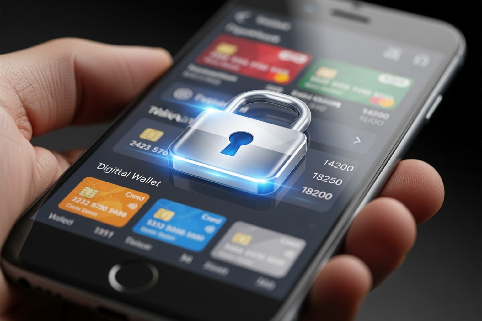 A stylized secure lock icon overlaid on a digital wallet or smartphone screen, symbolizing robust security for online financial transactions - coyyn.com banking