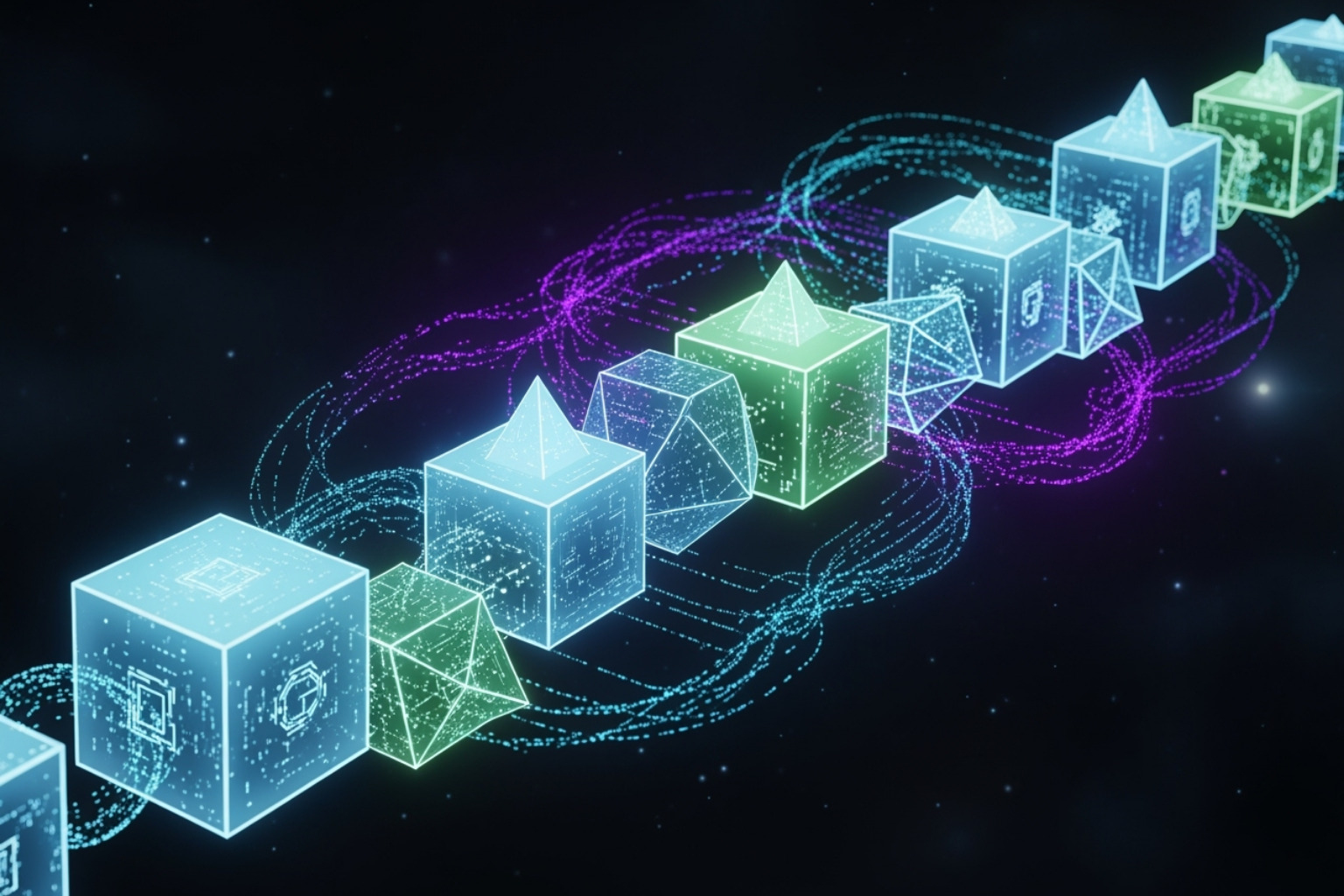 An abstract illustration of interconnected blocks forming a chain, representing the distributed ledger technology of blockchain, with data flowing through it - coyyn.com banking
