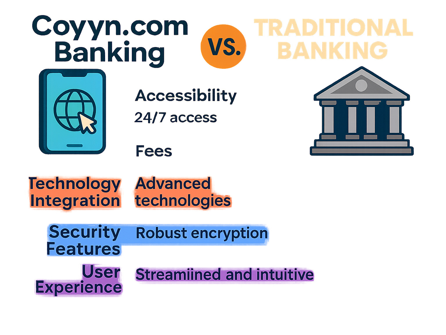Comprehensive comparison between digital banking platforms like Coyyn.com and traditional banking systems, showing key differences in accessibility, fees, technology integration, security features, and user experience - coyyn.com banking infographic 