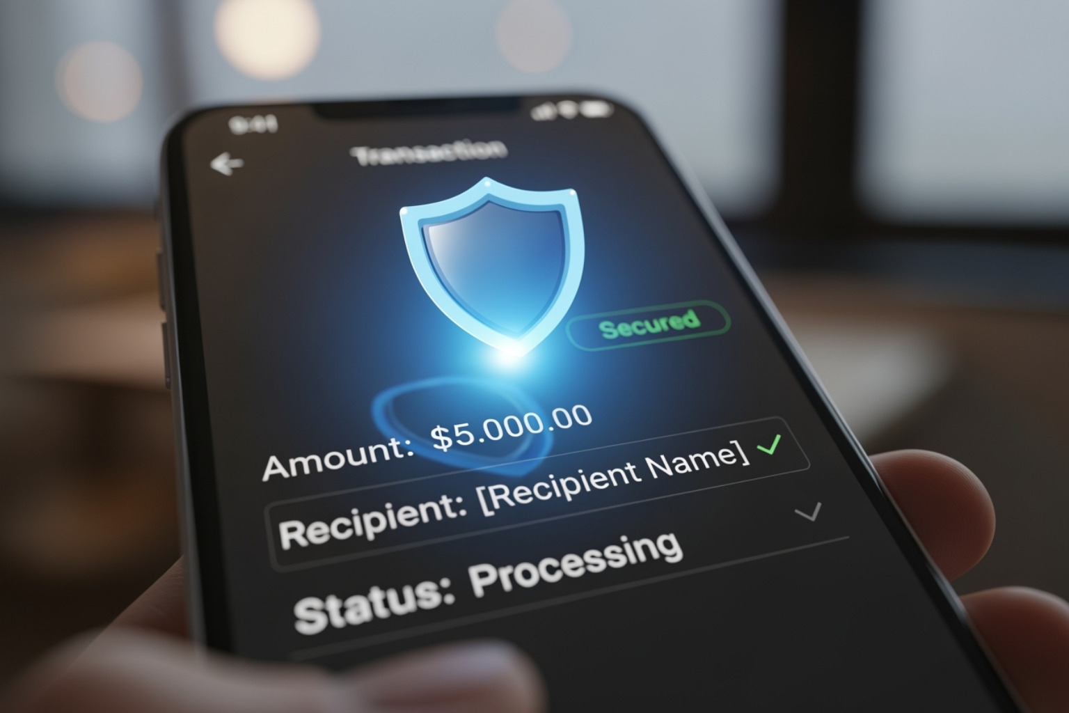 Digital shield icon protecting a transaction on a phone screen, symbolizing advanced security measures - coyyn.com digital money