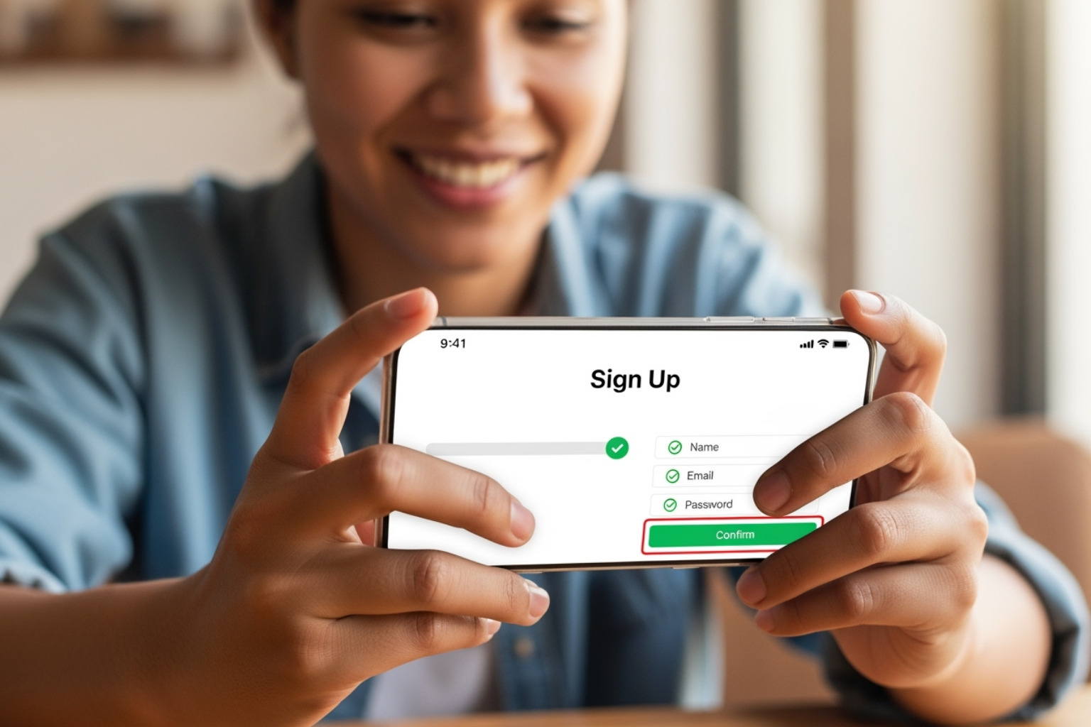 Person smiling as they complete the sign-up process for Coyni on their phone, demonstrating ease of use - coyyn.com digital money