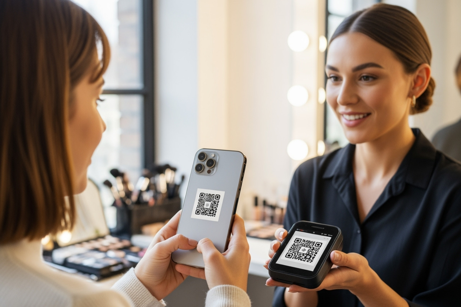 Client paying a freelance makeup artist using a QR code on a smartphone, showing a seamless and modern transaction - coyyn.com digital money