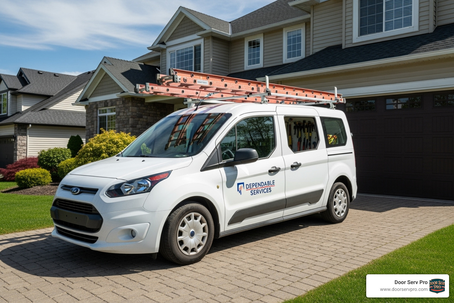 Image of the Door Serv Pro service van in a residential driveway - garage door services in middletown