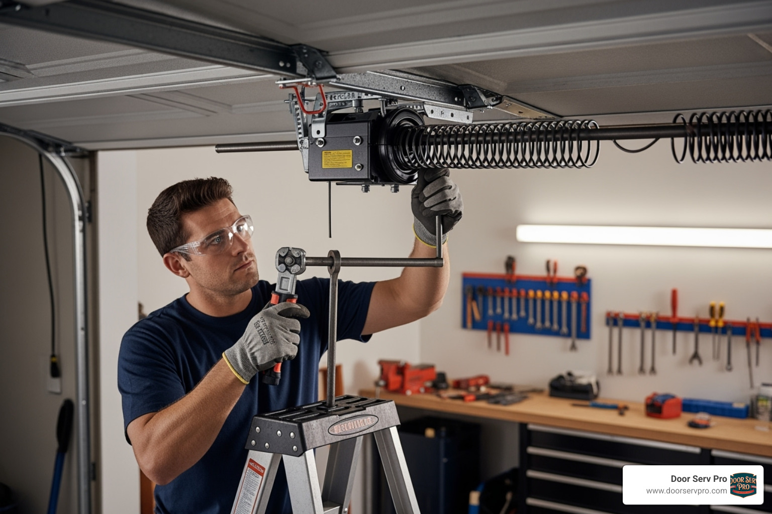 Image of a garage door technician safely repairing a torsion spring - garage door services in middletown