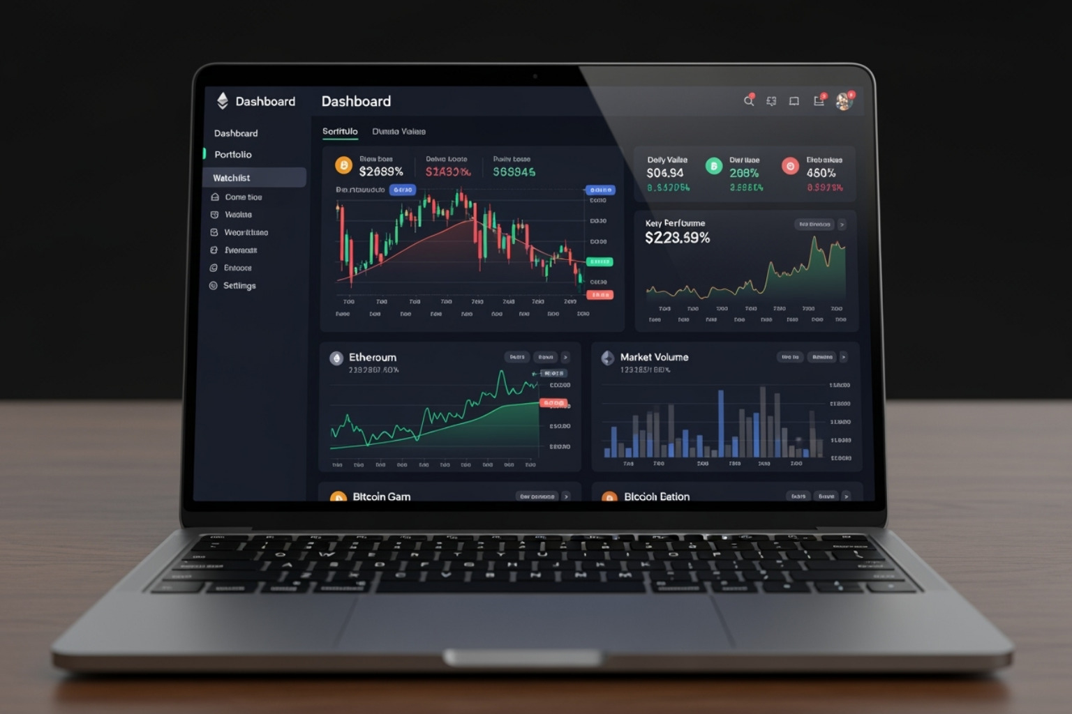 A sleek, modern image of the Coyyn.com platform dashboard displayed on a laptop screen, showing various financial metrics, cryptocurrency charts, and user-friendly navigation menus - coyyn.com digital economy