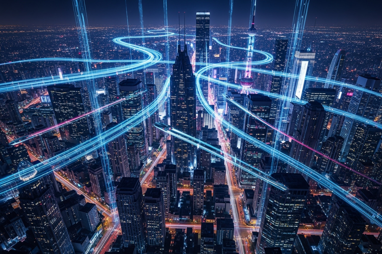 futuristic cityscape with data streams - coyyn.com digital economy