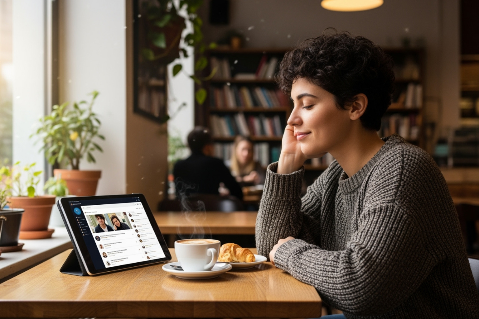 A person sitting comfortably in a cafe, actively participating in an online community forum on a tablet, with a serene and focused expression - coyyn.com digital economy