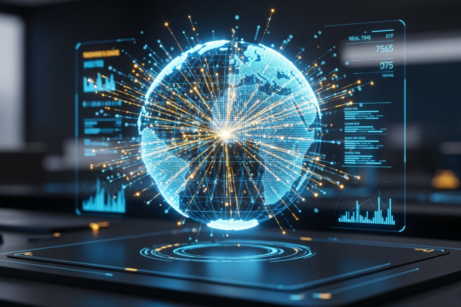 A futuristic digital interface displaying a globe with interconnected economic lines and data points, symbolizing global economic connections and digital financial flows - coyyn.com digital economy