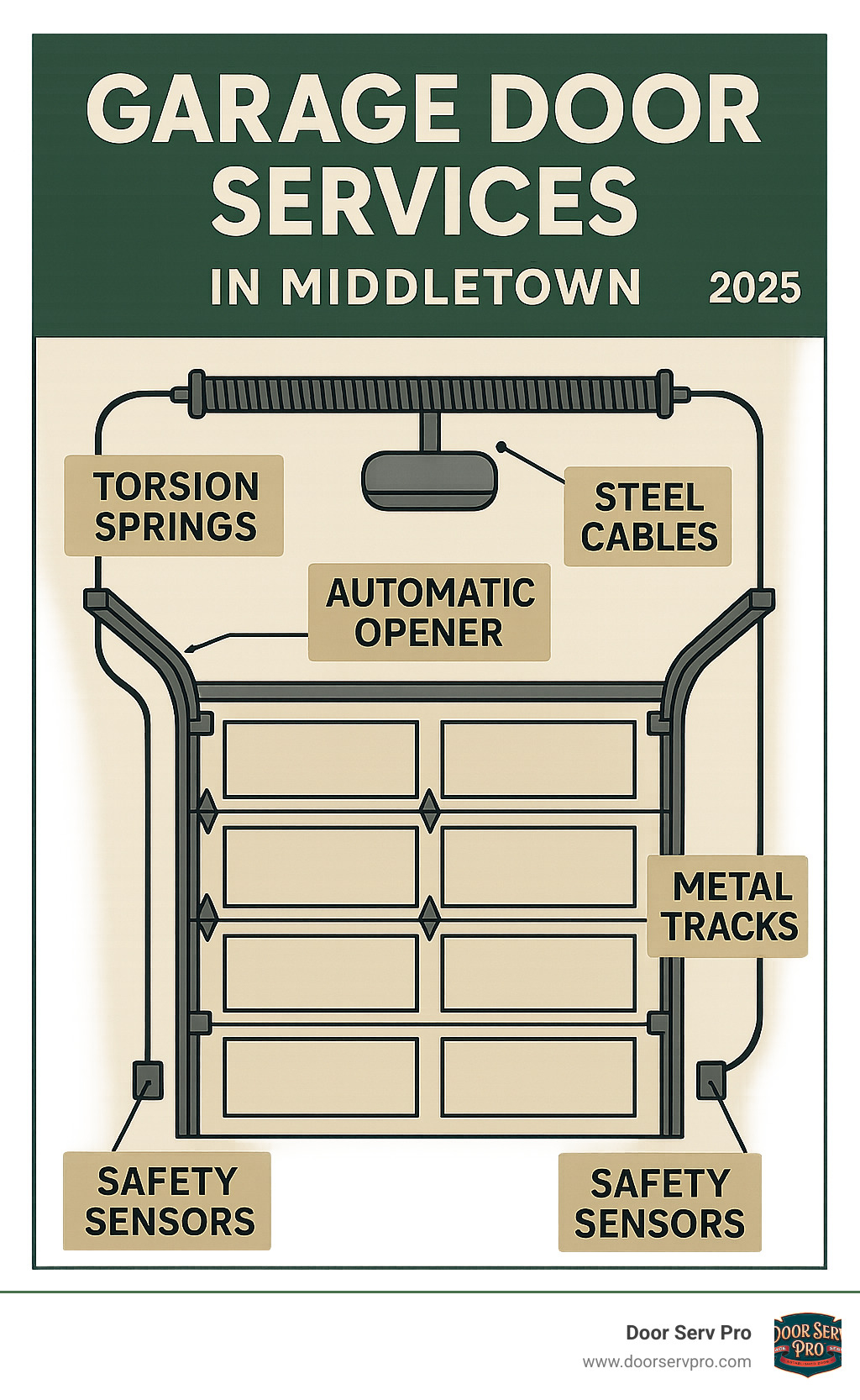 Infographic showing the key components of a garage door system including torsion springs at the top, steel cables running down the sides, an automatic opener mounted on the ceiling, metal tracks guiding the door panels, and safety sensors at the bottom - garage door services in middletown infographic 