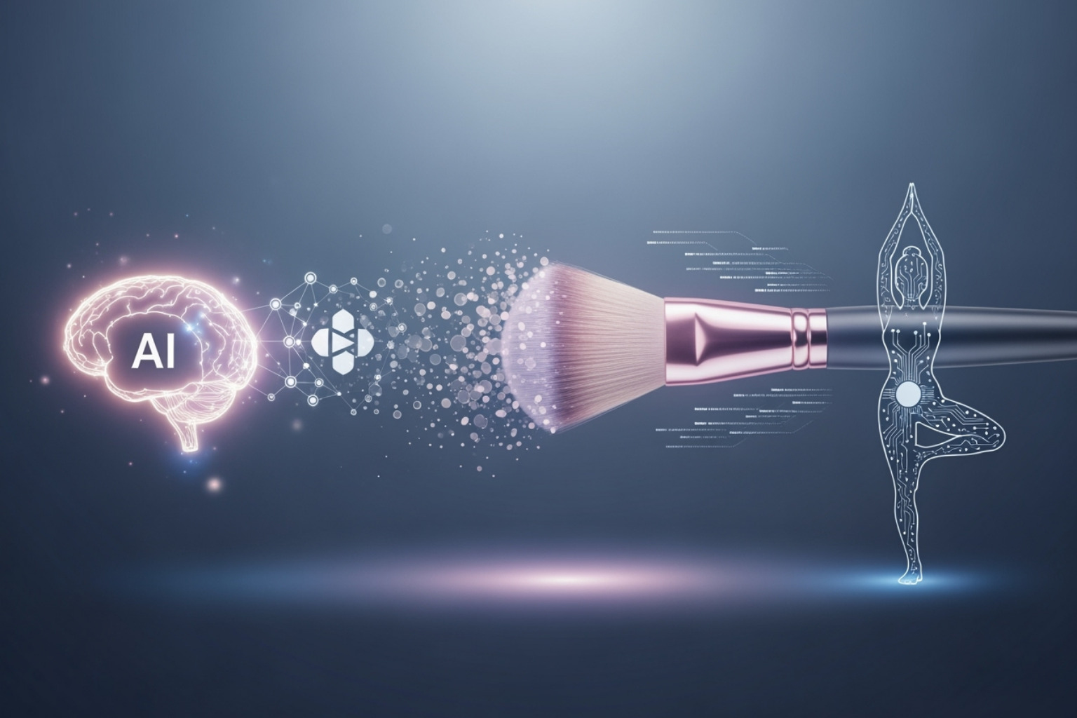 Connection between technology icons (AI, blockchain) and beauty service icons (makeup brush, yoga pose) - coyyn.com economy