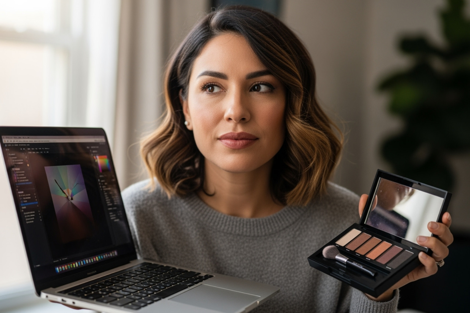 Freelancer balancing a laptop and a makeup kit, looking thoughtful - coyyn.com economy