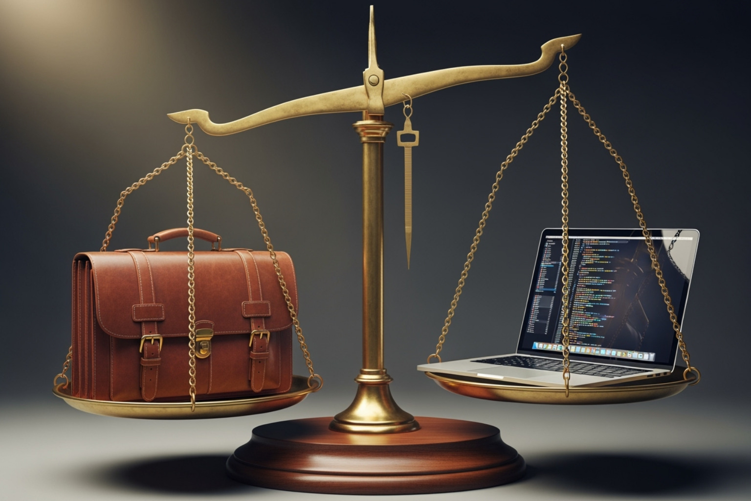 A scale balancing a briefcase (representing traditional work) on one side and a laptop (representing gig work) on the other, with the laptop side slightly lower, symbolizing the growing weight of gig work. - coyyn.com economy