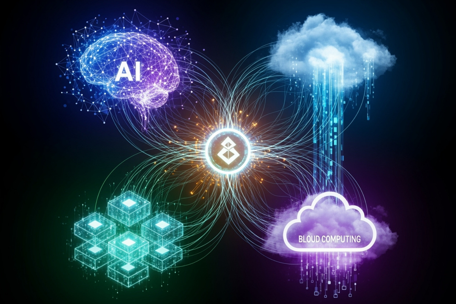 An abstract graphic representing AI, blockchain, and cloud computing intersecting, with glowing lines connecting different nodes - coyyn.com economy
