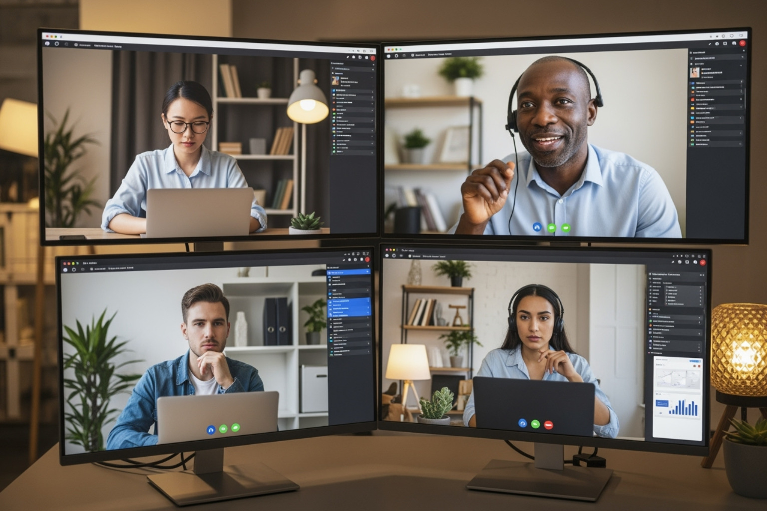 A diverse group of professionals collaborating on a project remotely, with various communication tools visible on screens - coyyn.com economy