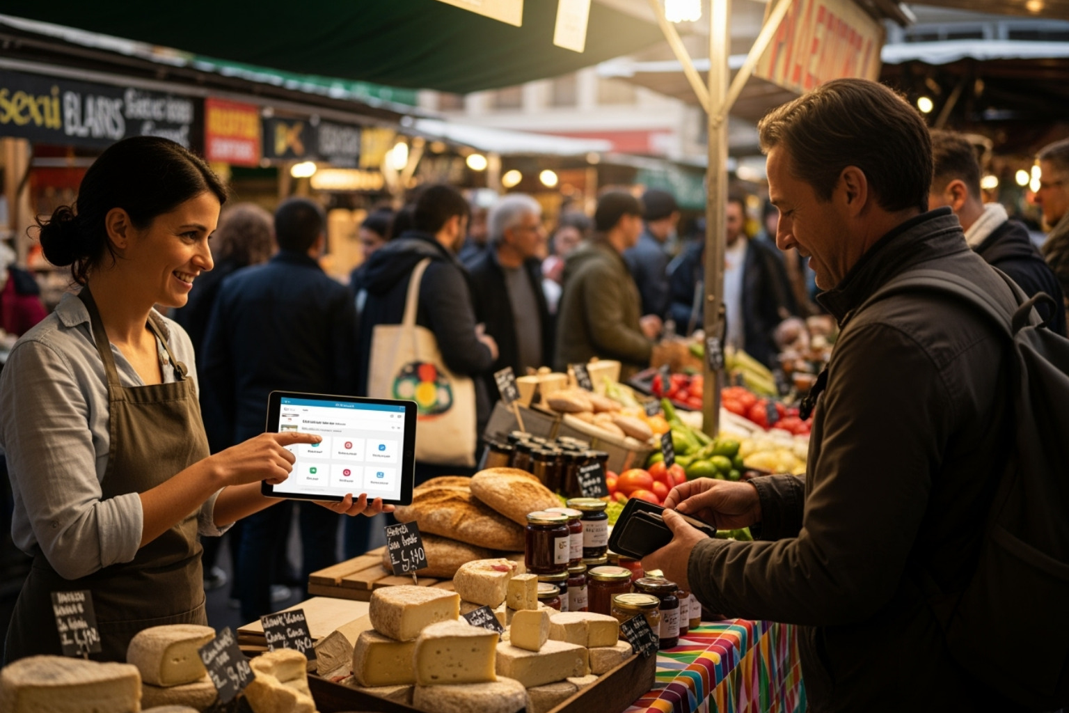 small business owner at a food market using the Coyni mPOS on a tablet - coyyn.com digital money