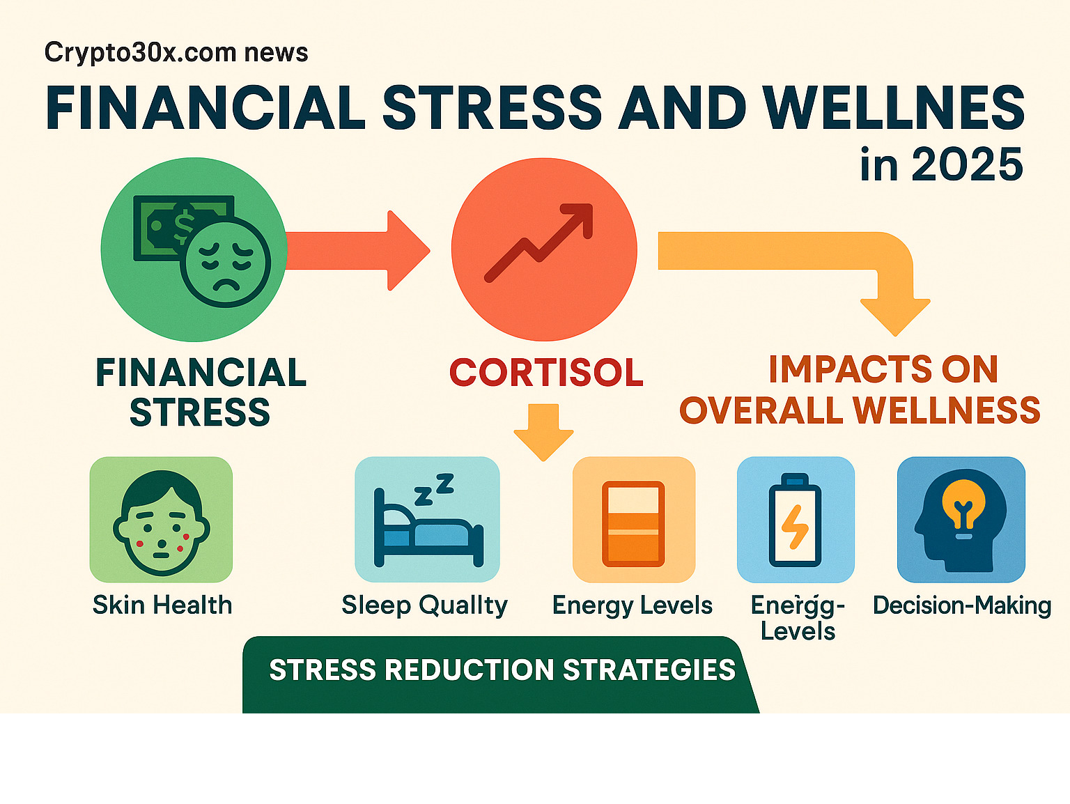 Infographic showing the relationship between financial stress, cortisol levels, and overall wellness including impacts on skin health, sleep quality, energy levels, and decision-making clarity with stress reduction strategies - crypto30x.com news infographic 