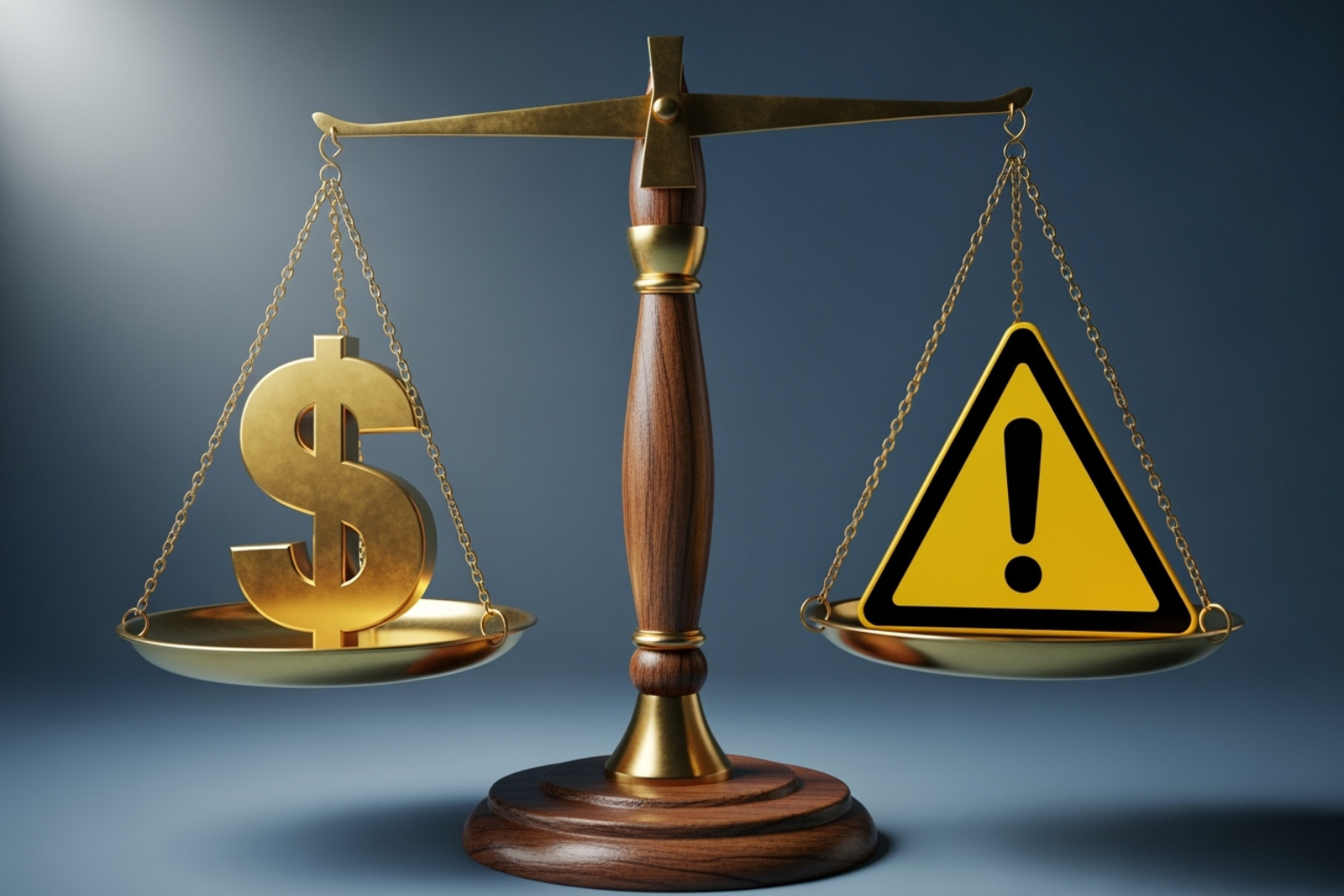 Scale balancing a dollar sign and a warning sign - crypto30x.com blockchain