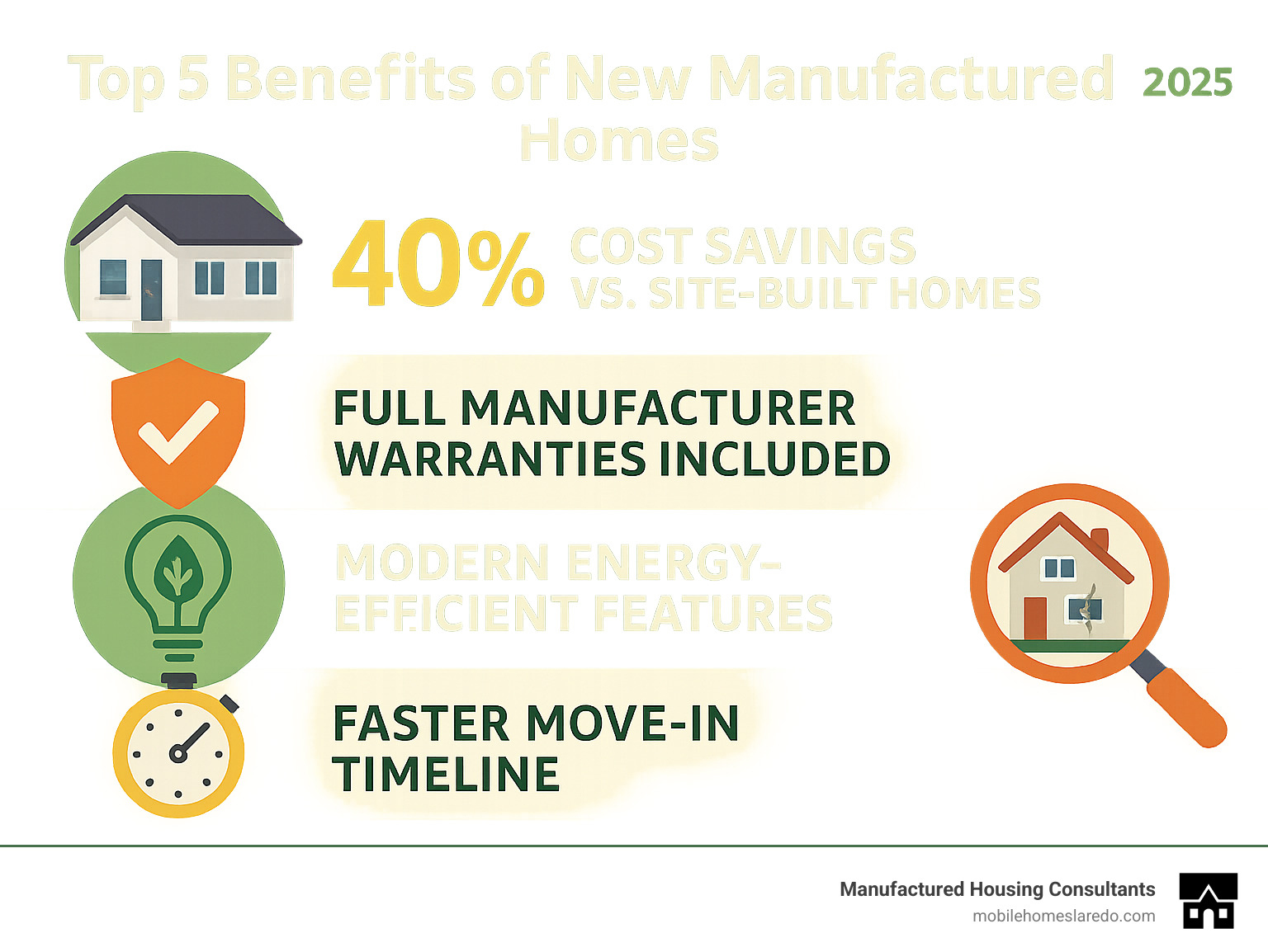 Infographic showing the top 5 benefits of new manufactured homes: 40% cost savings versus site-built homes, full manufacturer warranties included, modern energy-efficient features, faster move-in timeline, and no renovation surprises - brand new manufactured homes near me infographic  Infographic showing the top 5 benefits of new manufactured homes: 40% cost savings versus site-built homes, full manufacturer warranties included, modern energy-efficient features, faster move-in timeline, and no renovation surprises - brand new manufactured homes near me infographic