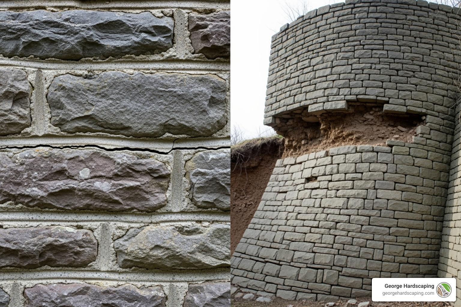 Before and after comparison: minor mortar crack vs. severe lean in a stone retaining wall – field assessment guidance for Essex County, MA Side-by-side comparison of a minor mortar crack in a stone wall and a severely leaning stone retaining wall - repairing a rock retaining wall