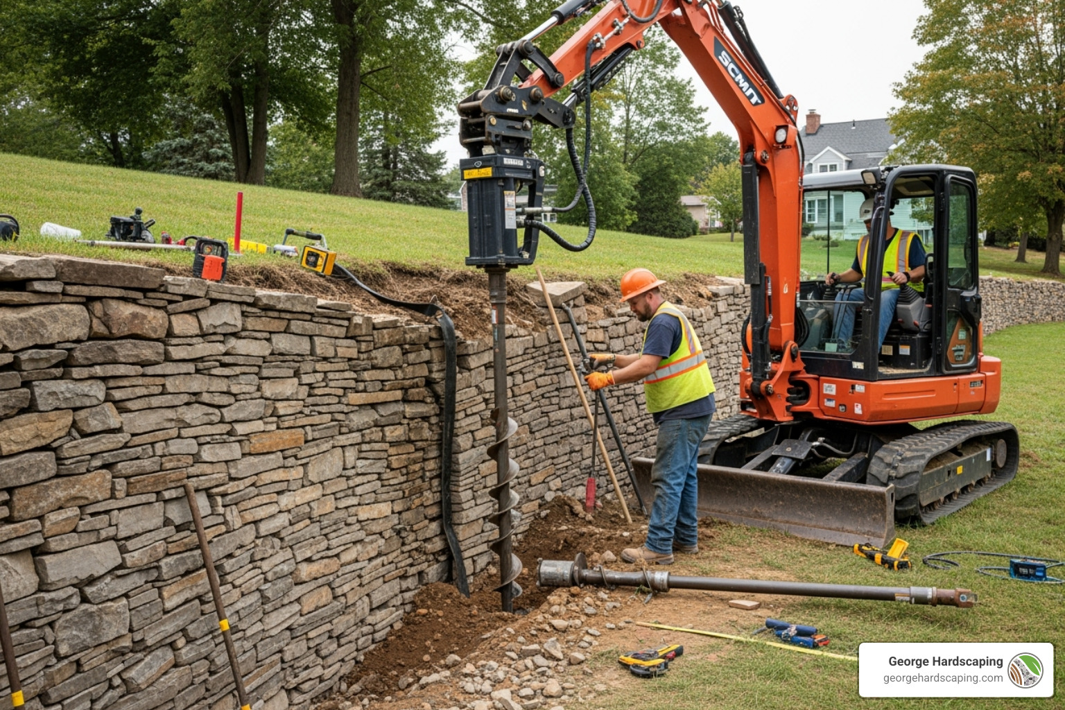 Installing helical anchors to stabilize a bowing stone retaining wall – engineering-backed remediation for saturated soils Professional crew installing helical anchors to stabilize a bowing stone retaining wall - repairing a rock retaining wall