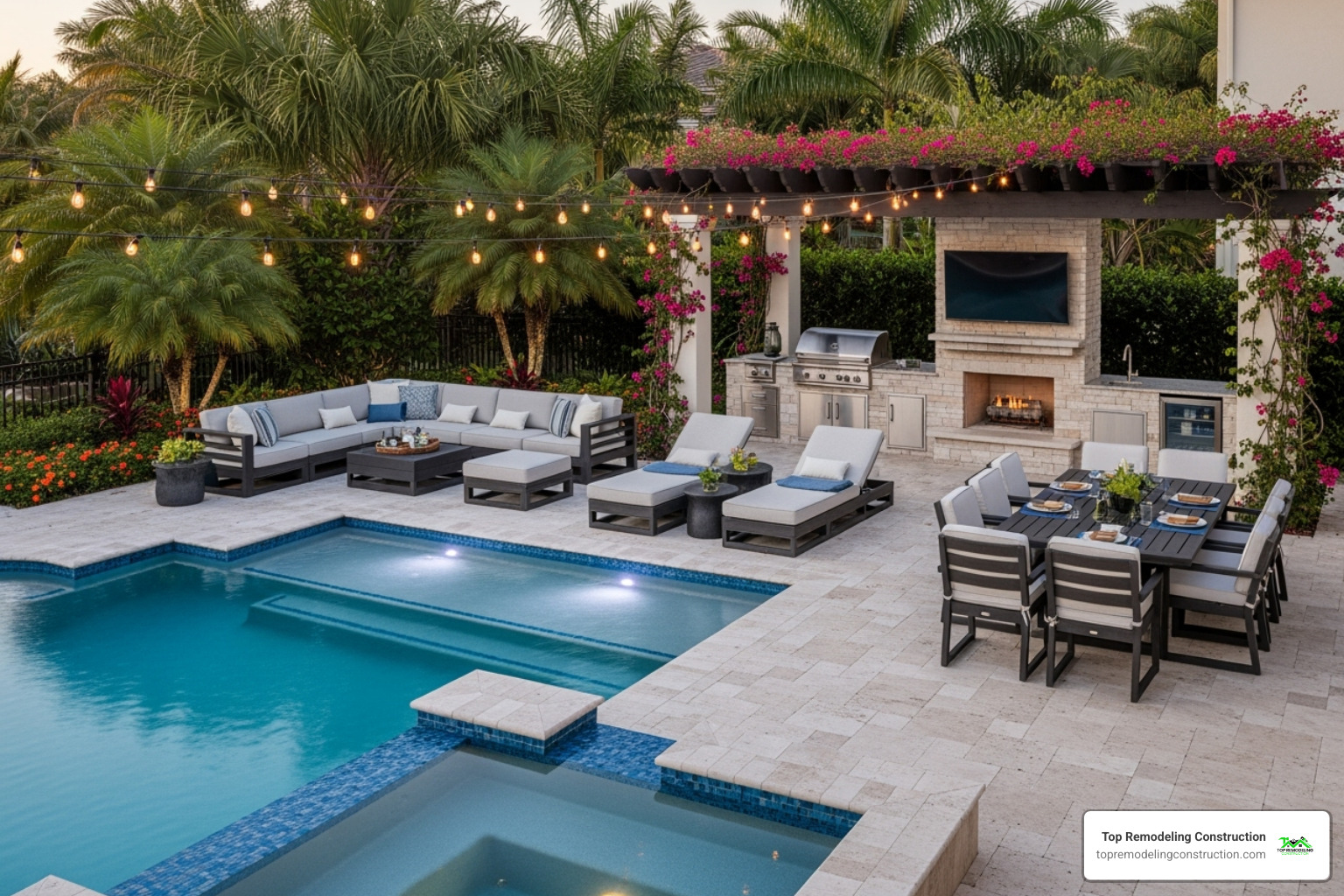 A high-end patio with a pool and outdoor entertainment area - patio remodeling contractors A high-end patio with a pool and outdoor entertainment area - patio remodeling contractors