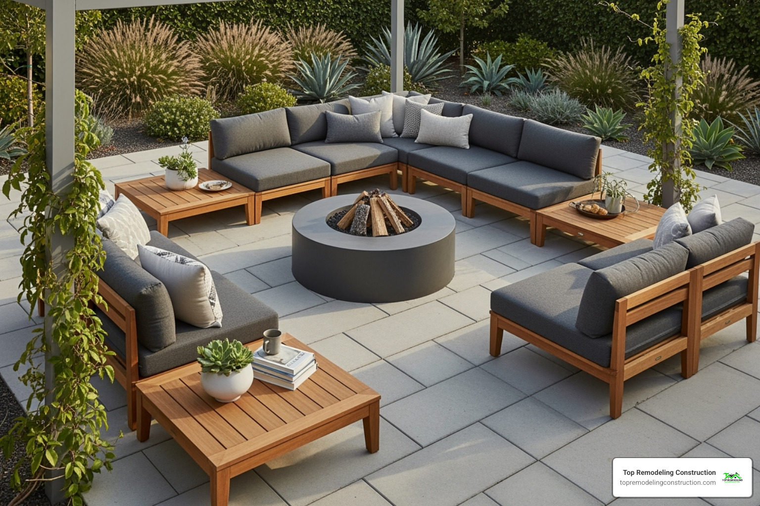 A modern patio with concrete pavers and a fire pit - patio remodeling contractors A modern patio with concrete pavers and a fire pit - patio remodeling contractors