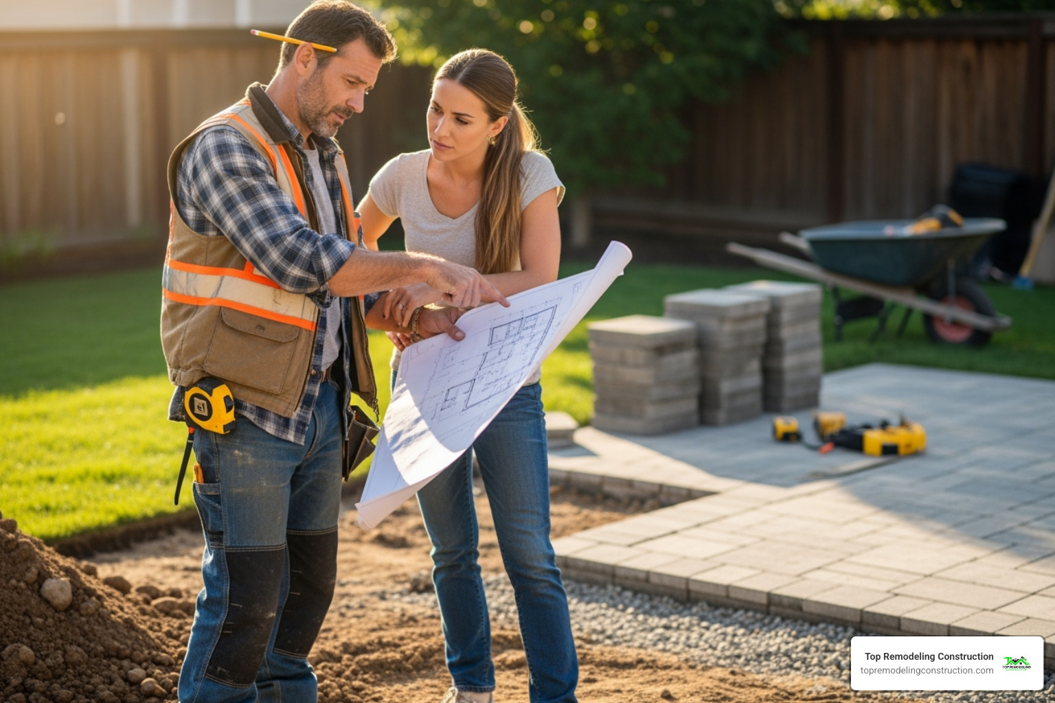 A contractor reviewing blueprints with a homeowner on-site - patio remodeling contractors A contractor reviewing blueprints with a homeowner on-site - patio remodeling contractors