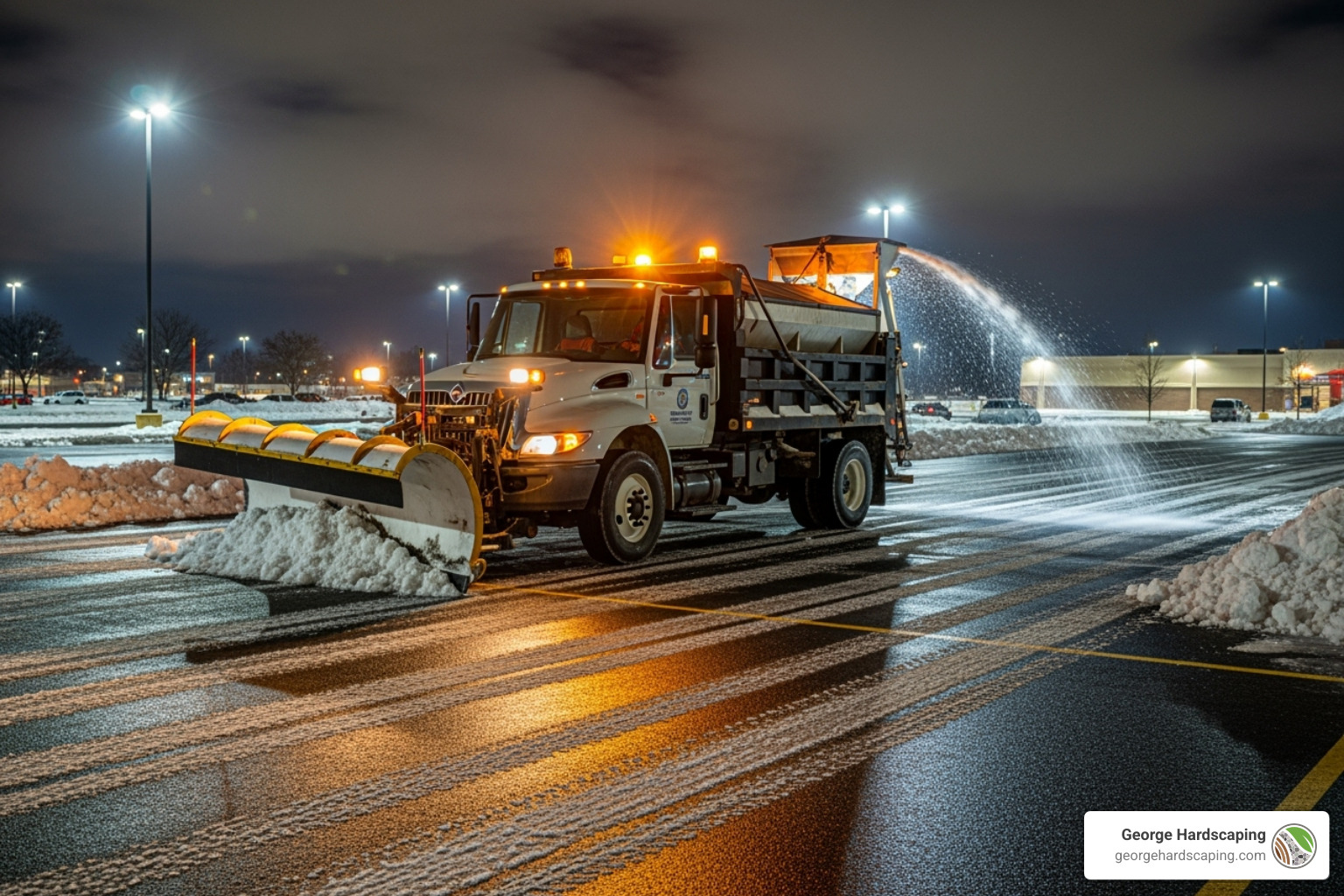 A snow plow truck with a salt spreader attachment working on a commercial property at night, with visible salt patterns on the pavement. - commercial snow removal pricing calculator A snow plow truck with a salt spreader attachment working on a commercial property at night, with visible salt patterns on the pavement. - commercial snow removal pricing calculator
