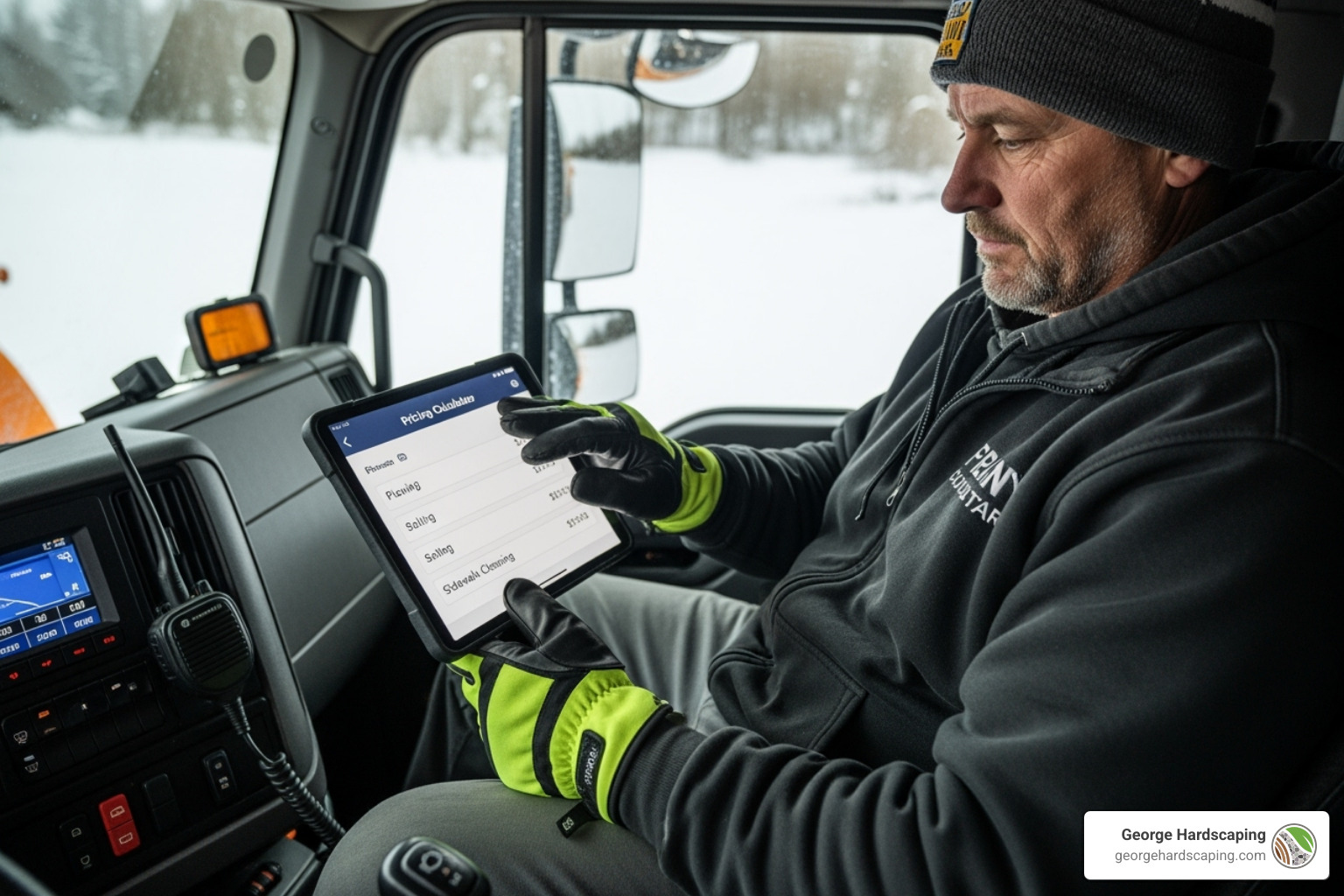 A snow removal contractor uses a pricing calculator on a tablet to create a detailed bid, showing line items for plowing, salting, and sidewalk clearing. - commercial snow removal pricing calculator A snow removal contractor uses a pricing calculator on a tablet to create a detailed bid, showing line items for plowing, salting, and sidewalk clearing. - commercial snow removal pricing calculator