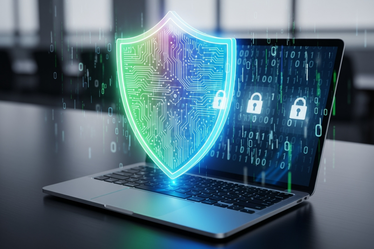 digital security shield icon over a laptop - coyyn.com banking