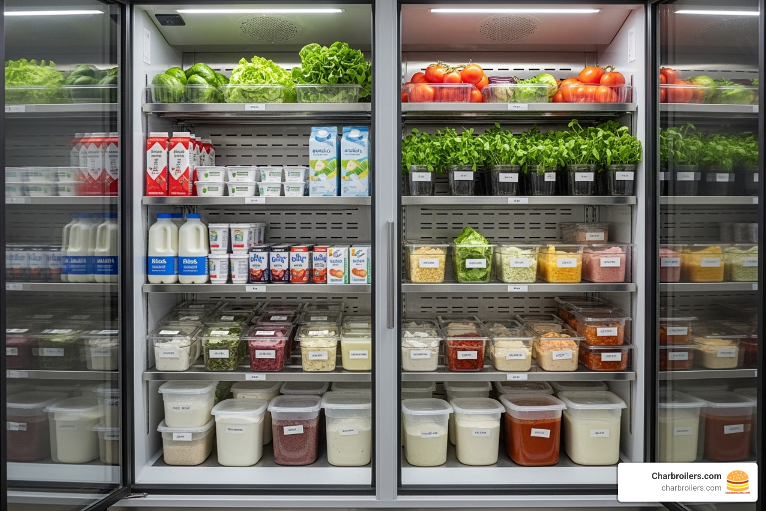interior of a 4-door chiller showing adjustable shelves and organized products - upright chiller 4 door