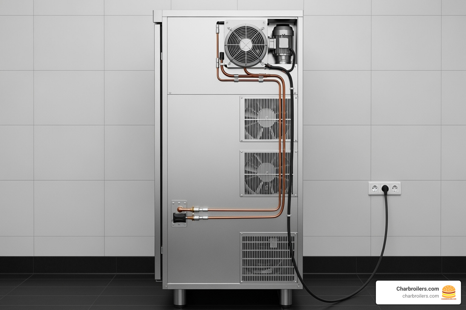 back of a chiller with emphasis on ventilation clearance - upright chiller 4 door