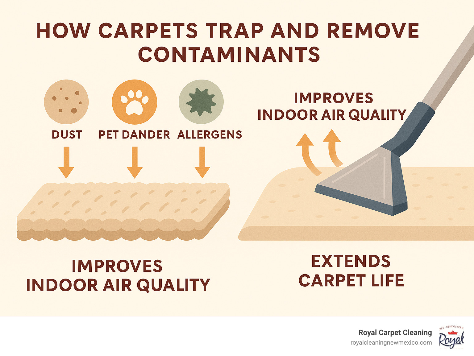 Infographic showing how carpets trap dust, pet dander, allergens, and dirt particles, with arrows indicating how professional cleaning removes these contaminants to improve indoor air quality and extend carpet life - carpet cleaning company near me infographic 