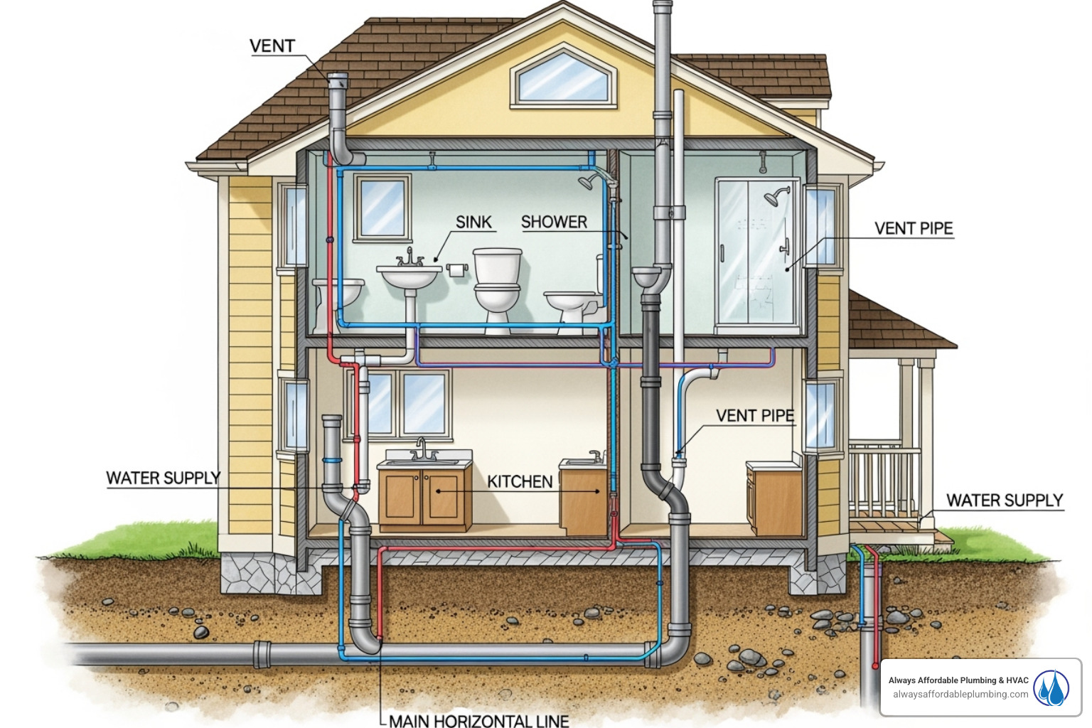 diagram of home plumbing connecting to main sewer line - annual drain cleaning