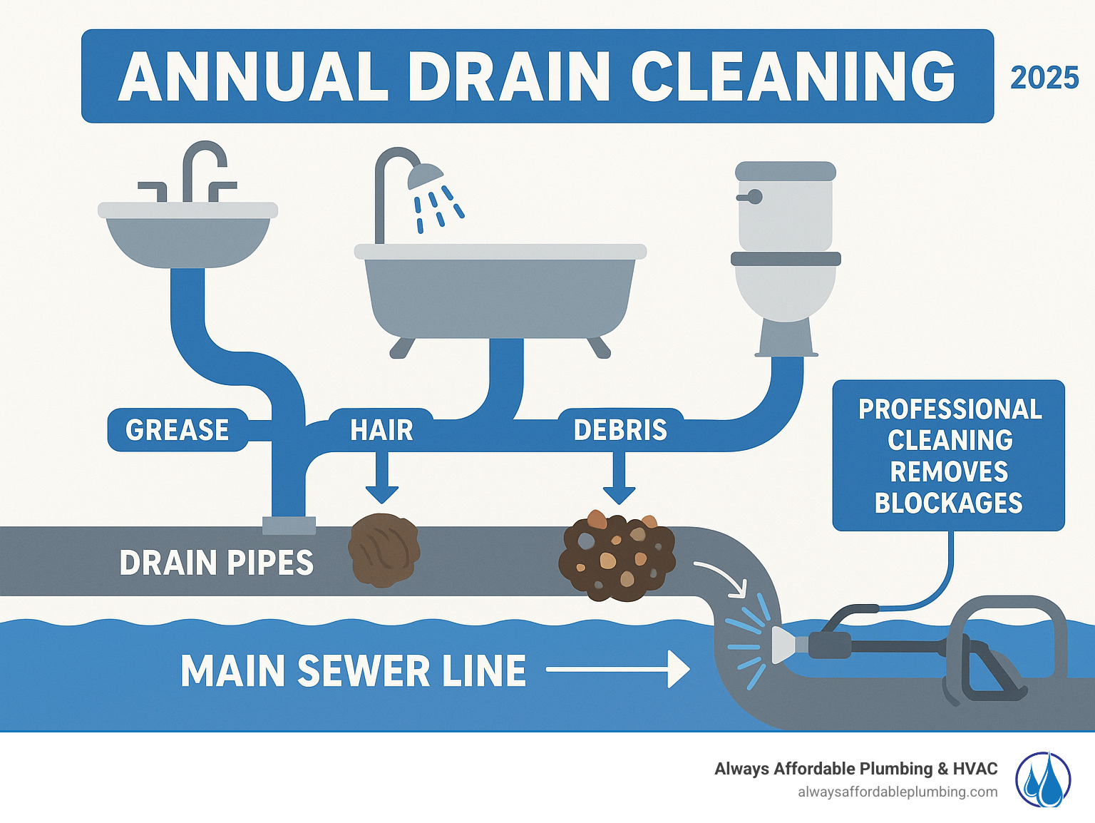 Infographic showing the complete journey of wastewater from home fixtures through drain pipes to the main sewer line, including common buildup points where grease, hair, and debris accumulate, and how professional cleaning removes these blockages before they cause backups - annual drain cleaning infographic 