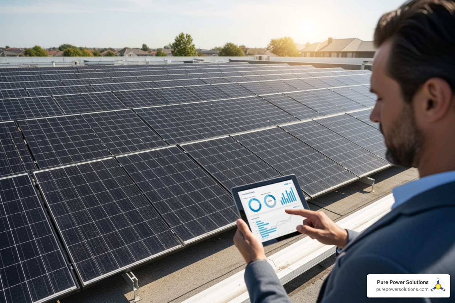 Business owner reviewing energy savings on a tablet in front of their commercial solar installation - solar battery systems Business owner reviewing energy savings on a tablet in front of their commercial solar installation - solar battery systems
