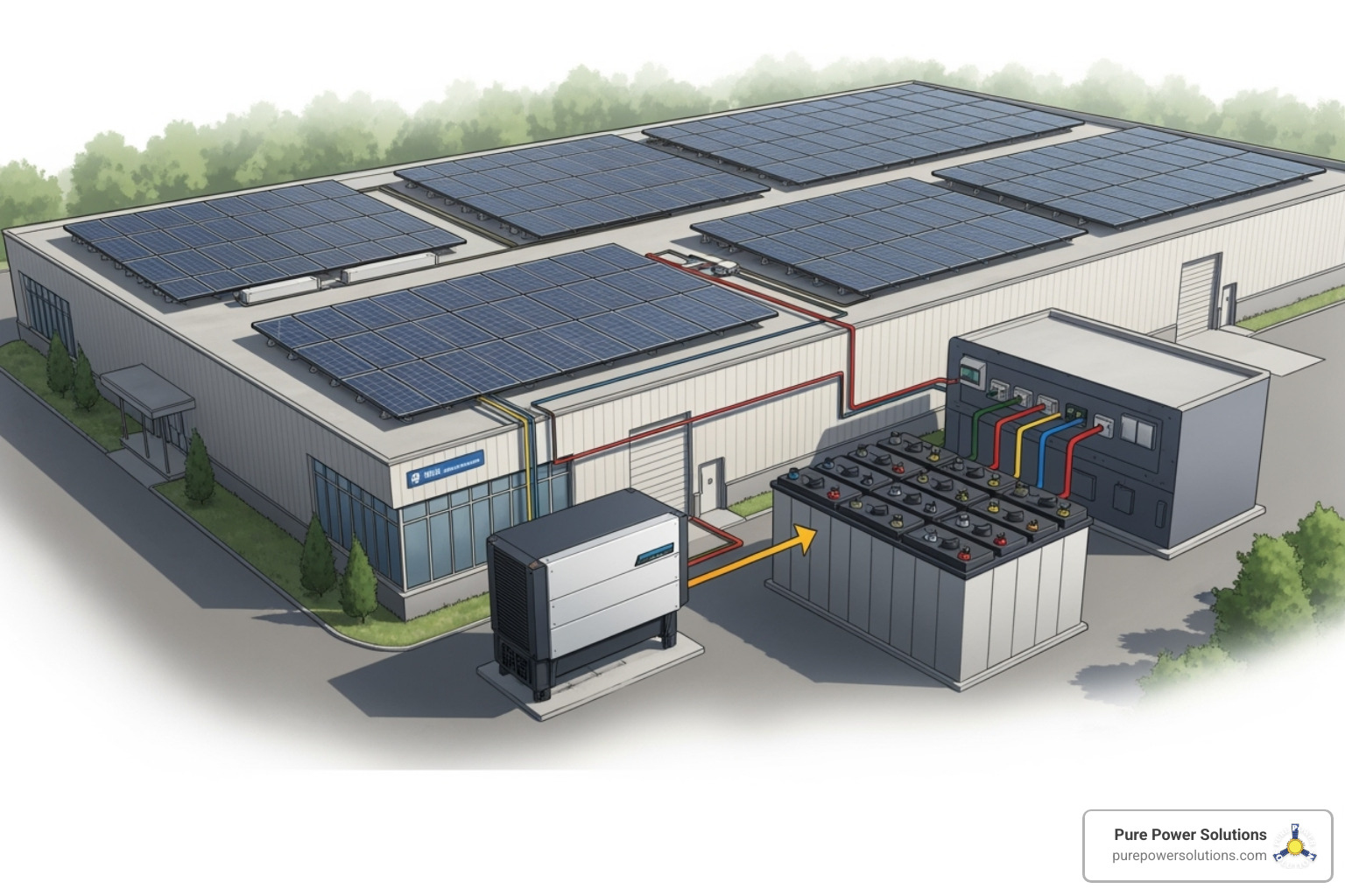 Commercial microgrid diagram showing solar panels, battery bank, inverter, and facility loads - solar battery systems Commercial microgrid diagram showing solar panels, battery bank, inverter, and facility loads - solar battery systems