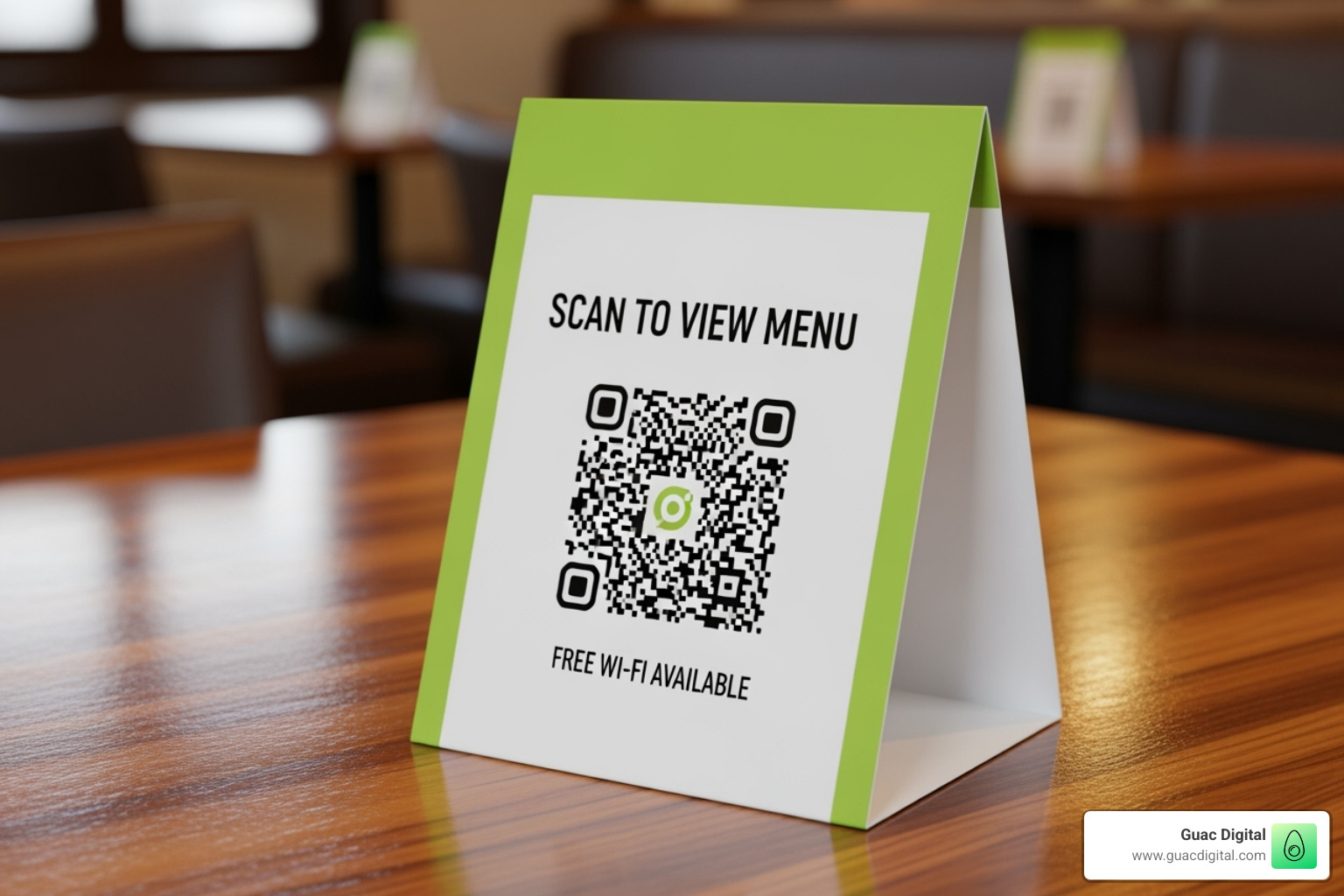 QR code on a restaurant table tent that links to a Google review page, with a lime green accent - get more reviews