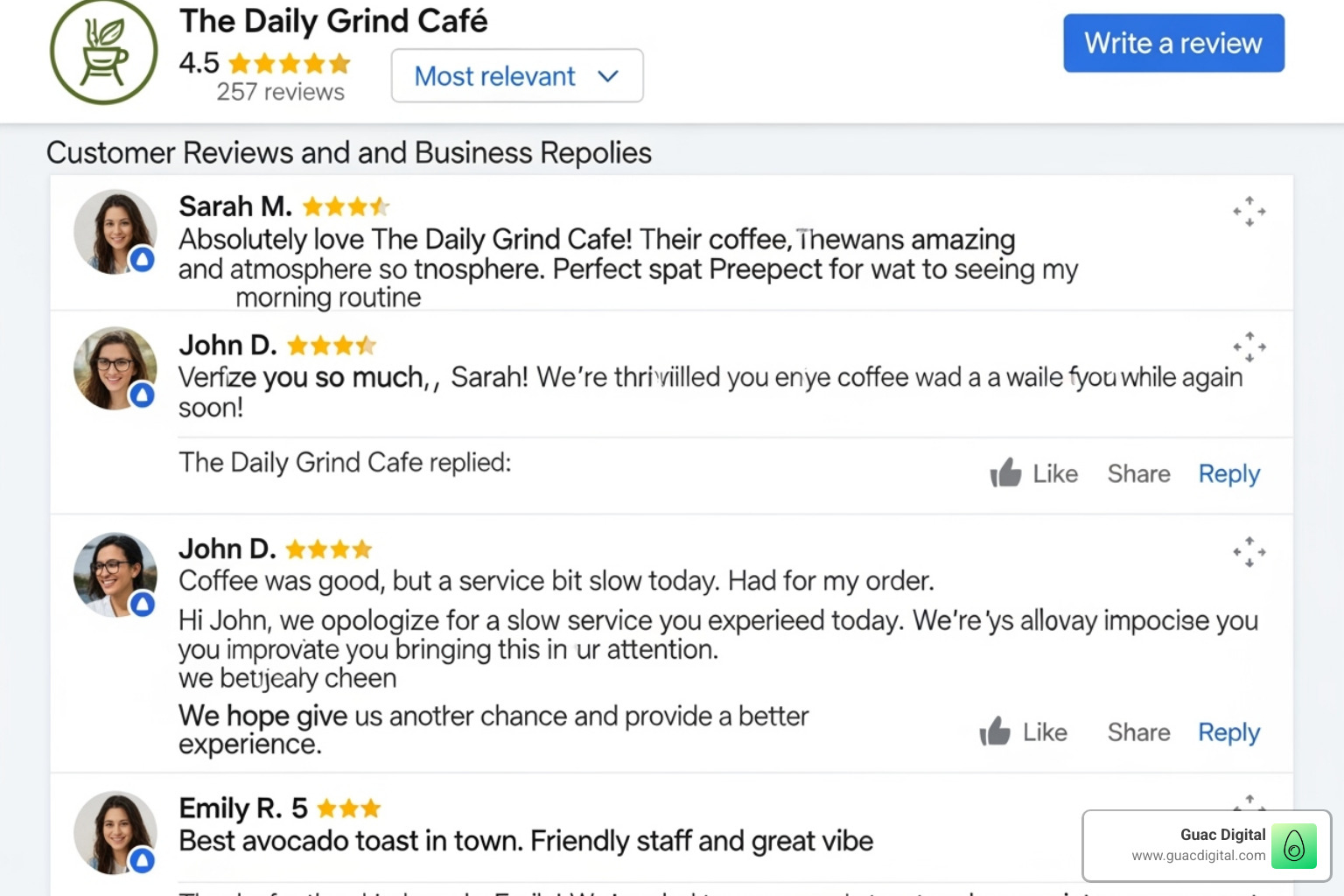Well-managed Google Business Profile showing responses to both positive and negative reviews - get more reviews