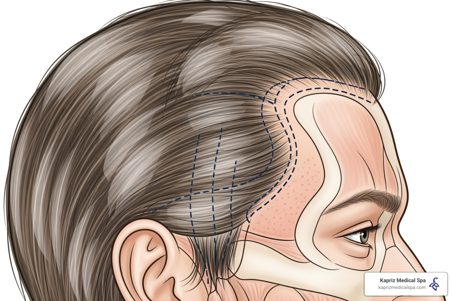 Illustration showing incision placement for a temporal brow lift, hidden within the hairline - Subtle brow lift Illustration showing incision placement for a temporal brow lift, hidden within the hairline - Subtle brow lift
