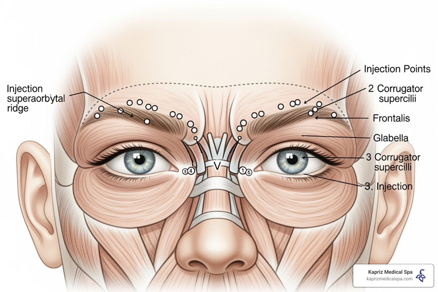 Illustration showing the injection points for a non-surgical brow lift using neuromodulators, highlighting areas above the brow and between the eyebrows - Subtle brow lift Illustration showing the injection points for a non-surgical brow lift using neuromodulators, highlighting areas above the brow and between the eyebrows - Subtle brow lift