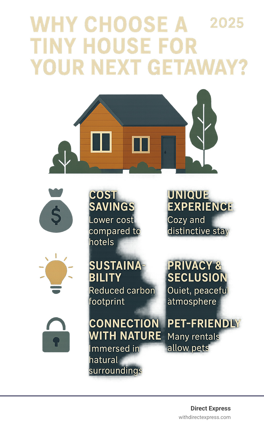 Infographic showing the key benefits of renting a tiny house including cost savings compared to hotels, unique experience factor, sustainability benefits with lower carbon footprint, privacy and seclusion advantages, connection with nature opportunities, and pet-friendly options availability - tiny houses for rent infographic  Infographic showing the key benefits of renting a tiny house including cost savings compared to hotels, unique experience factor, sustainability benefits with lower carbon footprint, privacy and seclusion advantages, connection with nature opportunities, and pet-friendly options availability - tiny houses for rent infographic
