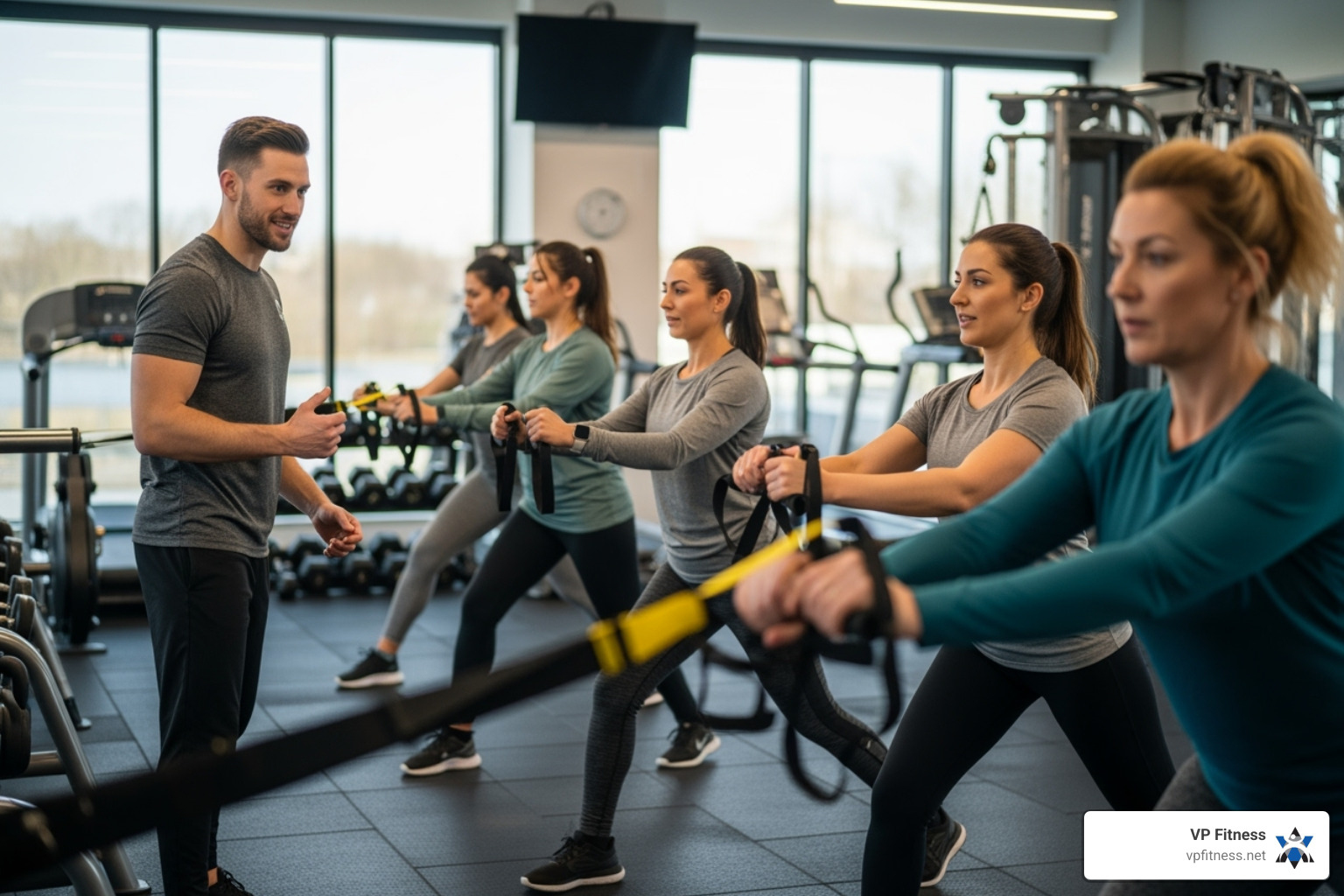 A certified fitness coach leading an energetic small group training session in a modern gym, with participants engaged in exercise. - certified fitness coach A certified fitness coach leading an energetic small group training session in a modern gym, with participants engaged in exercise. - certified fitness coach