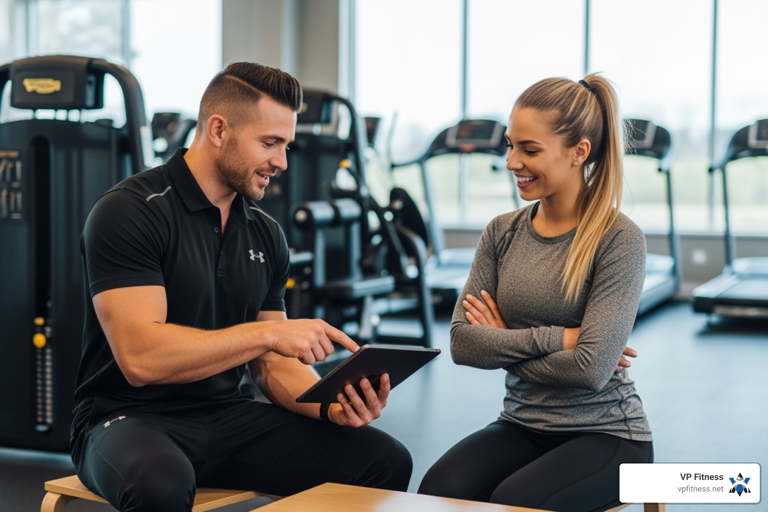 A certified fitness coach reviewing a fitness plan on a tablet with a client, both smiling and engaged in discussion. - certified fitness coach A certified fitness coach reviewing a fitness plan on a tablet with a client, both smiling and engaged in discussion. - certified fitness coach