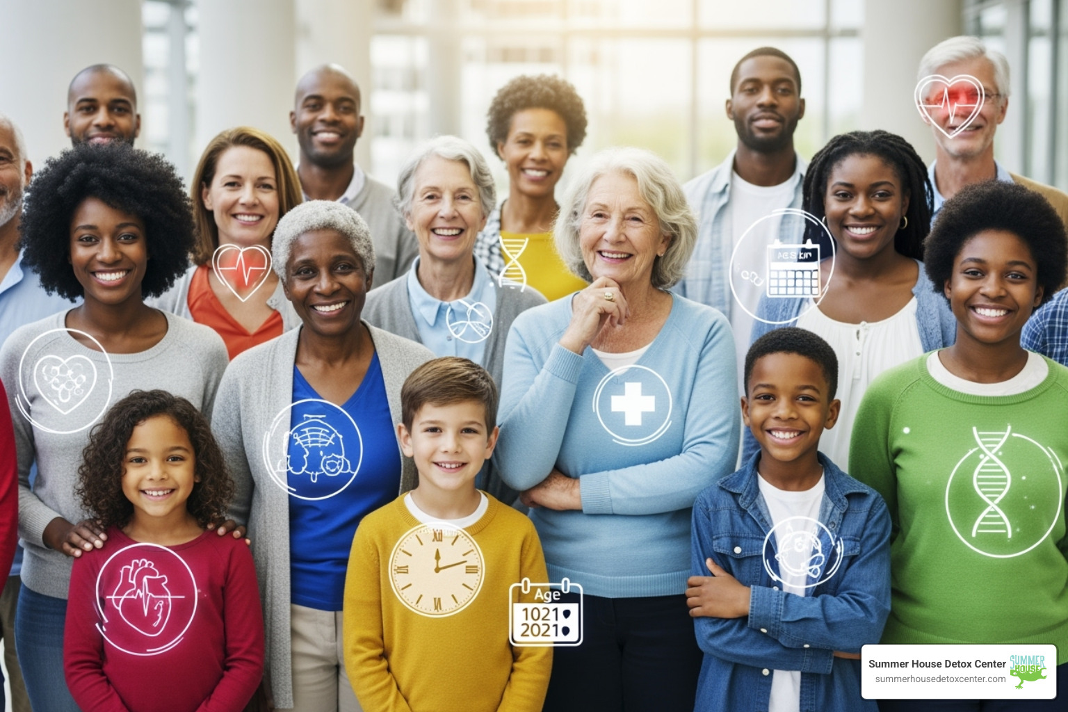 diverse individuals with icons representing influencing factors like age, health, and genetics - how long does alcohol detox take