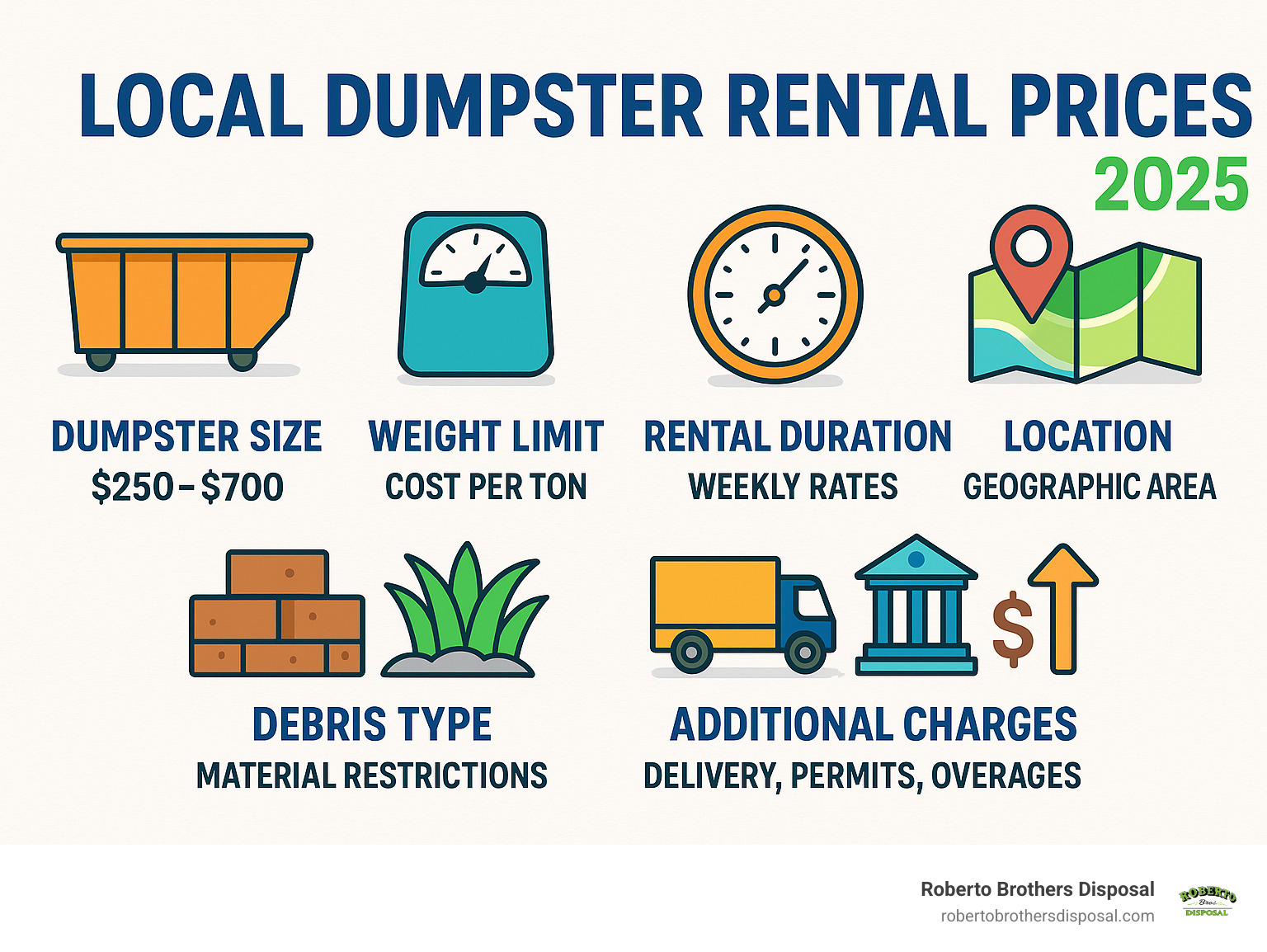 Comprehensive breakdown of local dumpster rental pricing factors including dumpster size costs, weight limits, rental duration fees, geographic location impact, debris type restrictions, and additional charges like delivery, permits, and overage fees - local dumpster rental prices infographic 