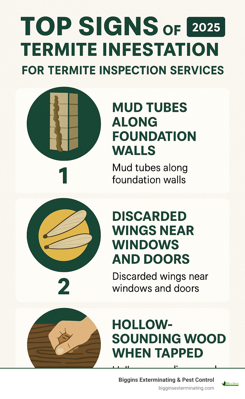 Infographic showing the top 3 signs of termite infestation: mud tubes along foundation walls, discarded wings near windows and doors, and hollow-sounding wood when tapped - termite inspection services infographic 
