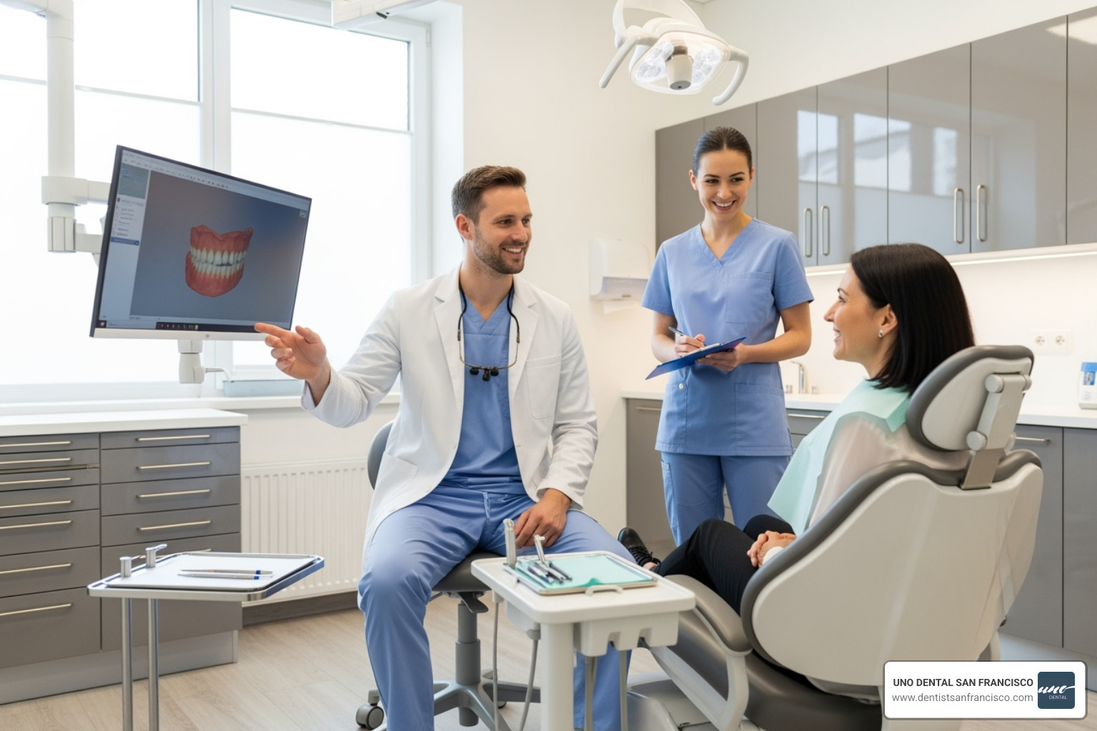smiling dental team consulting with a patient - dental implant center