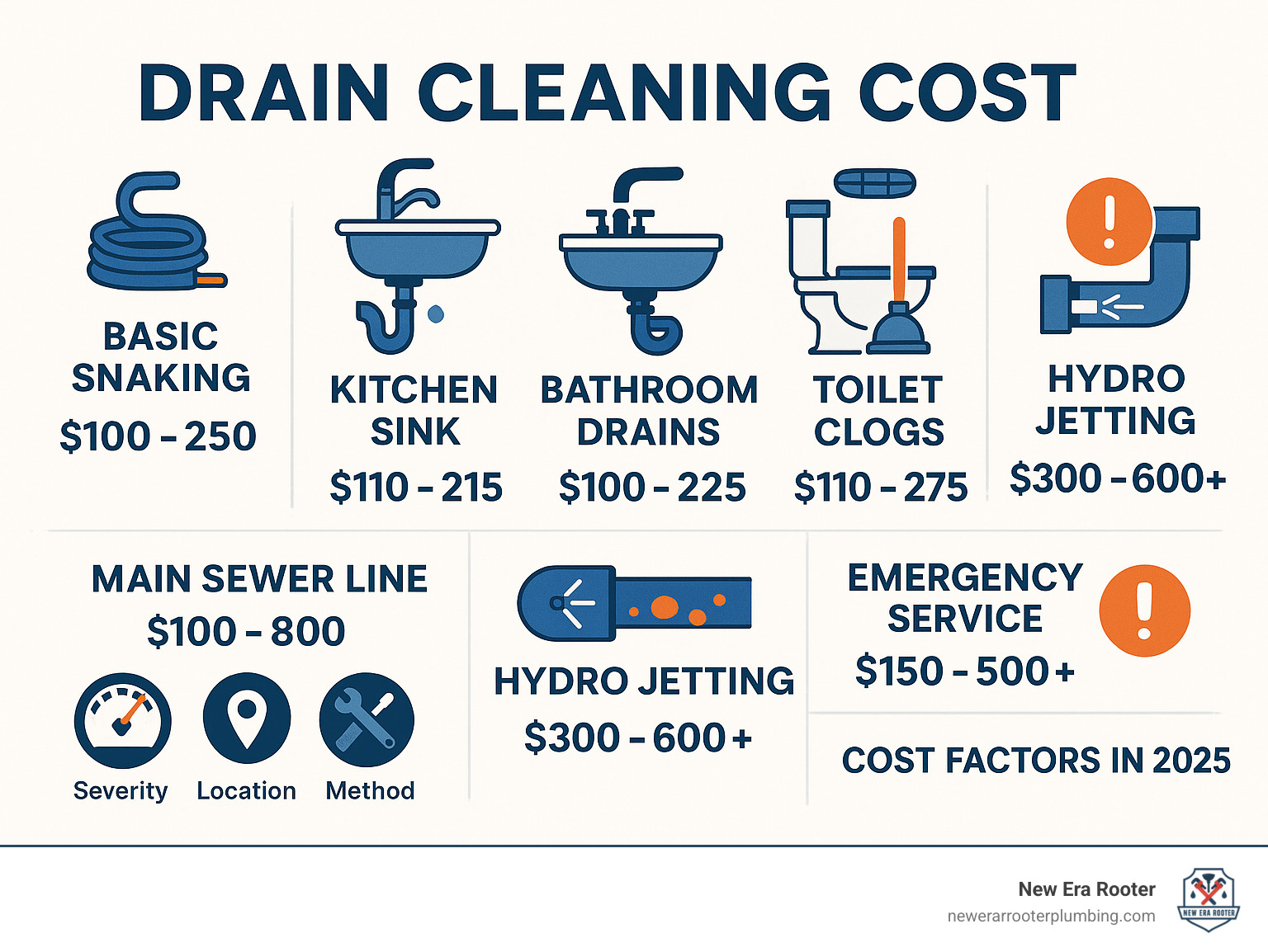 Comprehensive infographic showing drain cleaning cost breakdown by service type including basic snaking ($100-250), kitchen sink cleaning ($110-215), bathroom drains ($100-225), toilet clogs ($110-275), main sewer line cleaning ($100-800), hydro jetting ($300-600+), and emergency service premiums ($150-500+), with visual icons for each drain type and cost factors like severity, location, and method - drain cleaning cost infographic Comprehensive infographic showing drain cleaning cost breakdown by service type including basic snaking ($100-250), kitchen sink cleaning ($110-215), bathroom drains ($100-225), toilet clogs ($110-275), main sewer line cleaning ($100-800), hydro jetting ($300-600+), and emergency service premiums ($150-500+), with visual icons for each drain type and cost factors like severity, location, and method - drain cleaning cost infographic